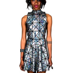 Vestido de skater disco plateado-Vestido de fiesta disco-Ropa de festival rave-Disfraz de drag queen-Disfraz de hada-Cosplay Cyberpunk-Disfraz de diosa