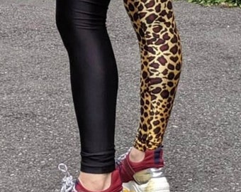 Black Leopard Half and Half Leggings- Punk Leopard Leggings- Goth Leggings- Unisex Cheetah Leggings- Cheetah Leggings-Goth Leggings
