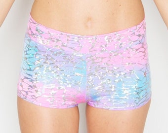 SALE, DISCOUNT Tie Dye Booty Shorts, Tie Dye Shorts, Pole Shorts, Hologram Shorts, Y2K, Unisex,Festival Shorts, Roller Derby Shorts, Yoga