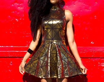 Gold Skater Dress- Hologram Dress- Gold Metallic Dress- Fairy Dress- Cyberpunk- Cosplay- Drag Queen Costume- New Years Eve Dress- Y2k
