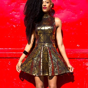 Gold Skater Dress- Hologram Dress- Gold Metallic Dress- Fairy Dress- Cyberpunk- Cosplay- Drag Queen Costume- New Years Eve Dress- Y2k