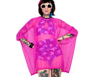 Hot Pink Mesh Caftan Dress-One Size Fits All-Swimsuit Coverup-Beach Coverup-Oversized Top-Plus Size-Sheer Coverup-Caftan-Color Block