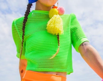 Neon Green Mesh Crop Top- Y2KCropTop- See Through Shirt- Sheer Crop Top- Unisex Mesh Top- Fairy- Rave Clothing- Mens Mesh Top- Over Sized