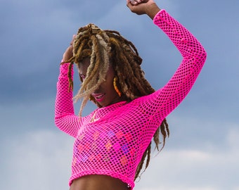 Hot Pink Fishnet Unisex Top- Pink Crop Top- y2k Crop Top- Sheer Swimsuit Cover Up- Queer- Rave Top- Dance Costume- Festival Burning Man Top