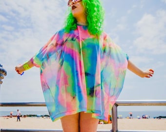 Rainbow Tie Dye Mesh Tent Dress- Swimsuit Cover Up- Loungewear- Rave Costume- Plus Size Top- Beach Wear- Music Festival- Burning Man
