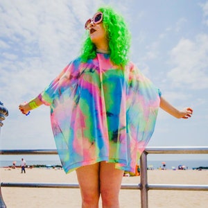 Rainbow Tie Dye Mesh Tent Dress- Swimsuit Cover Up- Loungewear- Rave Costume- Plus Size Top- Beach Wear- Music Festival- Burning Man