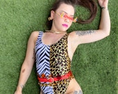 Zebra Leopard Super High Leg Bodysuit- Unisex Leotard- Baywatch Style Bodysuit- Festival Acrobat Bodysuit-Burning Man Bodysuit-Sexy Bodysuit