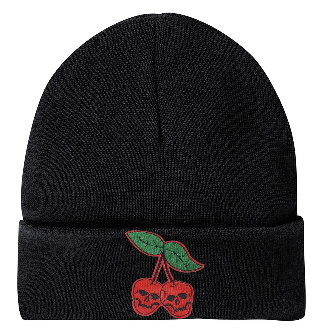 Black Beanie With Cherry Skulls Patch, Cherry Skull, Black Beanie, Tan Beanie, Mens Beanie