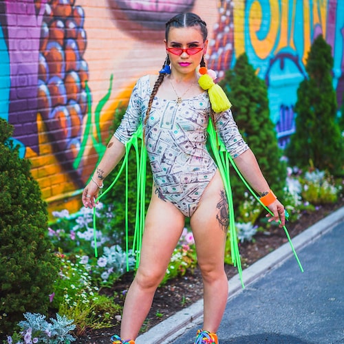 Money Print High Cut Leg Thong Bodysuit, Dollar Bills Bikini, Y2K, Fringe, Wrestling Outfit, Fringe Bodysuit, Thong Bodysuit, Costume, shops Rave