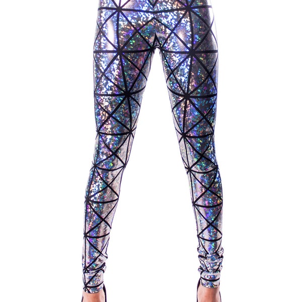 Silver & Black Hologram Disco Leggings- Silver Geometric Leggings- Unisex Leggings- Mens Sparkly Leggings- Dance Costume- Rave- Burning Man