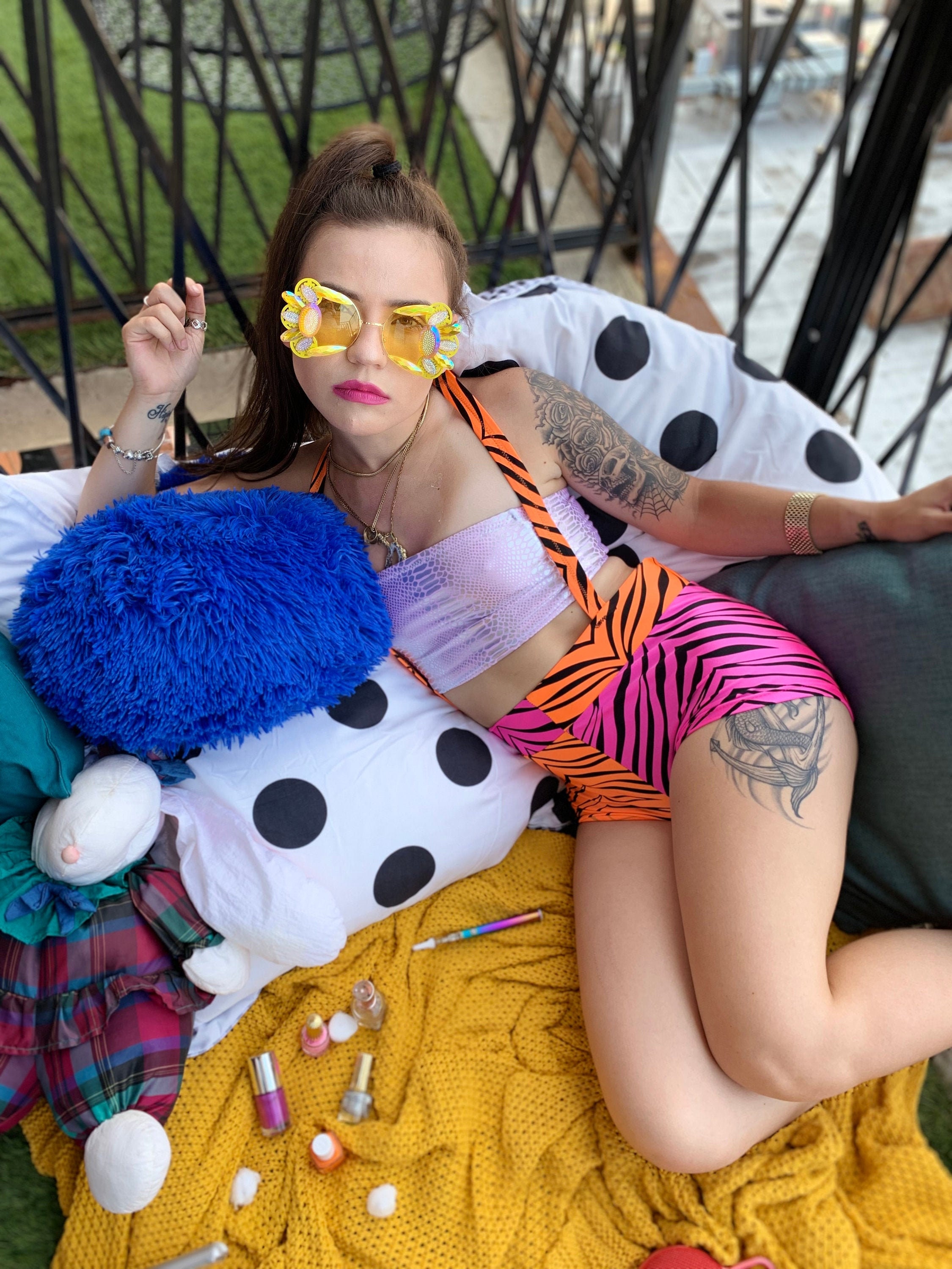 Pink Orange Zebra Suspender Shorts- Acrobat Costume- Unisex Rave Booty Shorts- Aerialist- Burning Man Costume- Wrestling- Festival Outfit