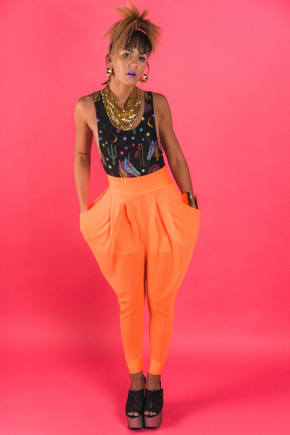 Neon Orange Sheer Mesh Harem Pants Rave 