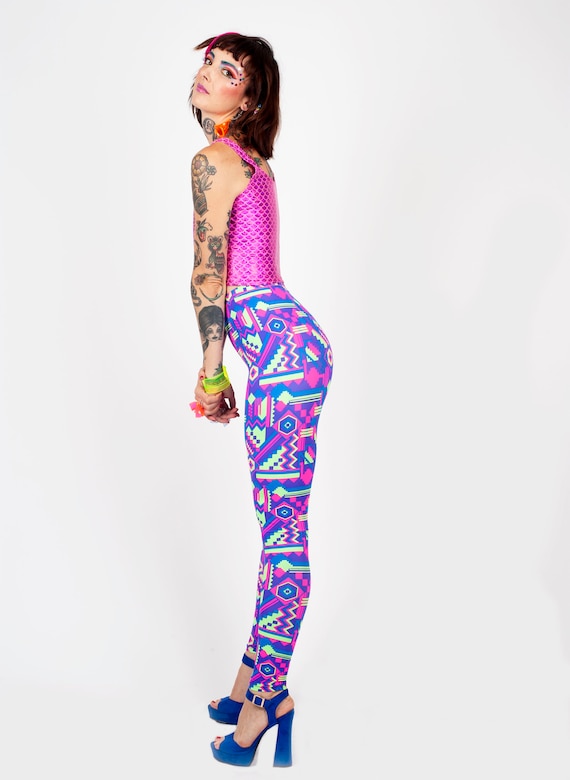 Neon 90s Print Leggings, 90s Pants, Y2K Fashion, Fresh