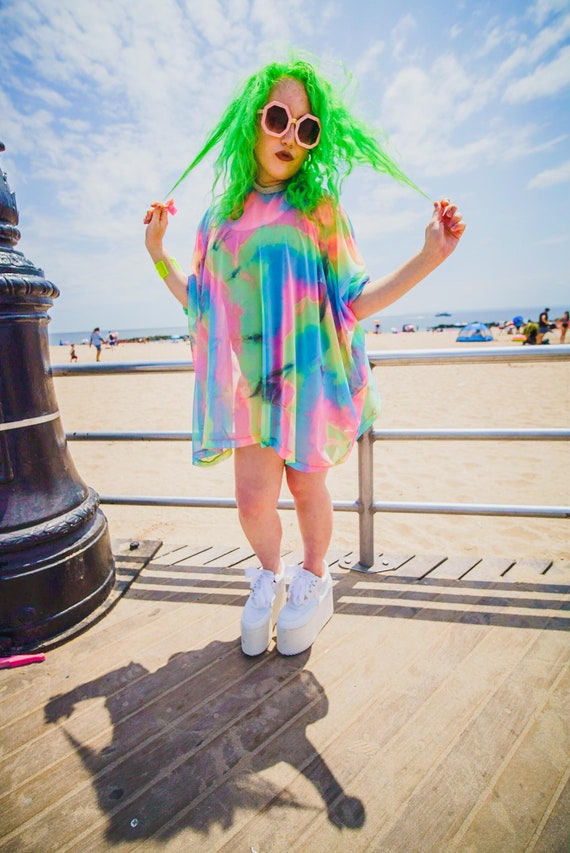 Rainbow Tie Dye Mesh Tent Dress- Swimsuit Cover Up- Loungewear