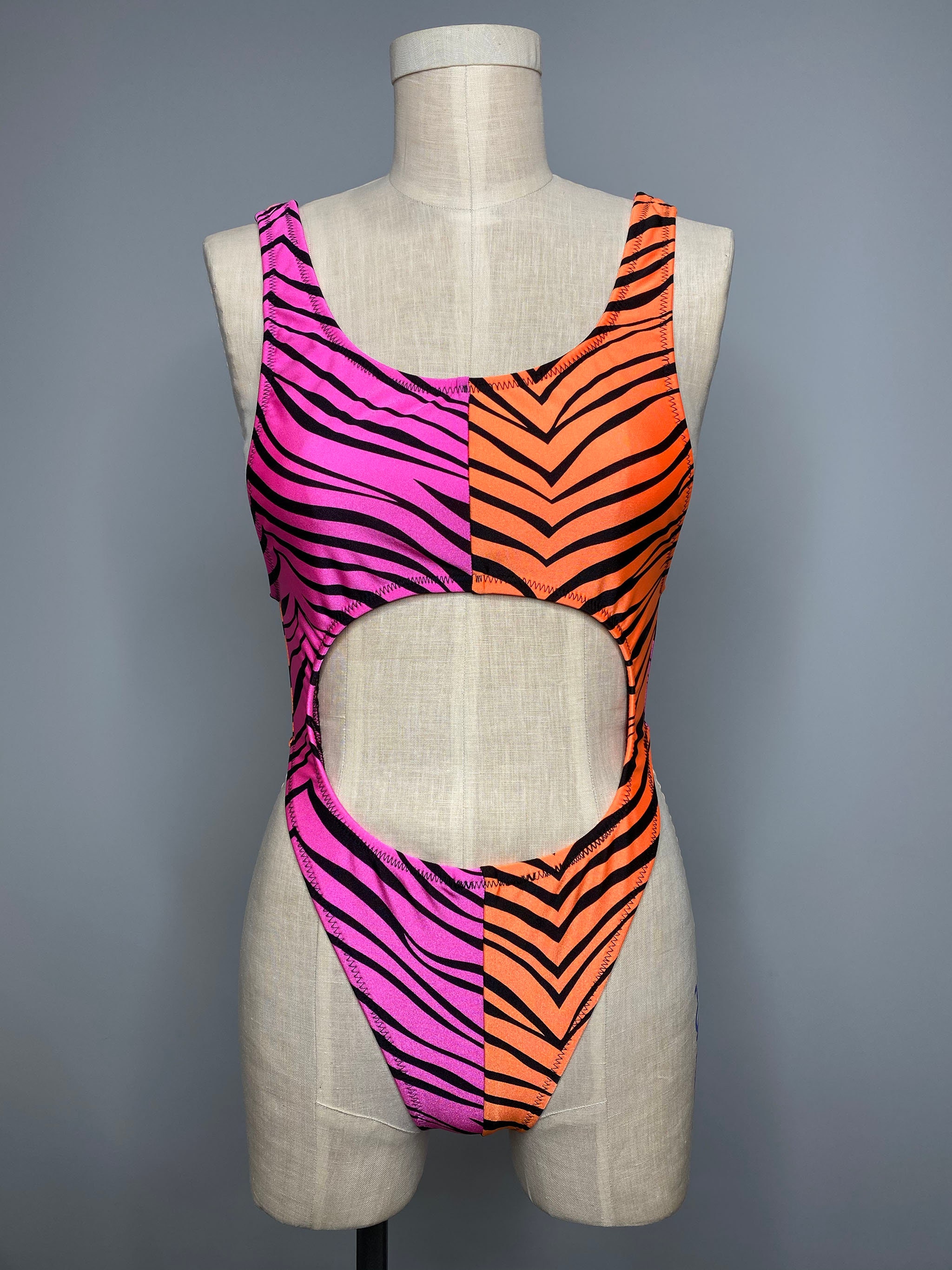 Zebra High Cut Bodysuit Pink Orange Bodysuit Zebra Print-stripper