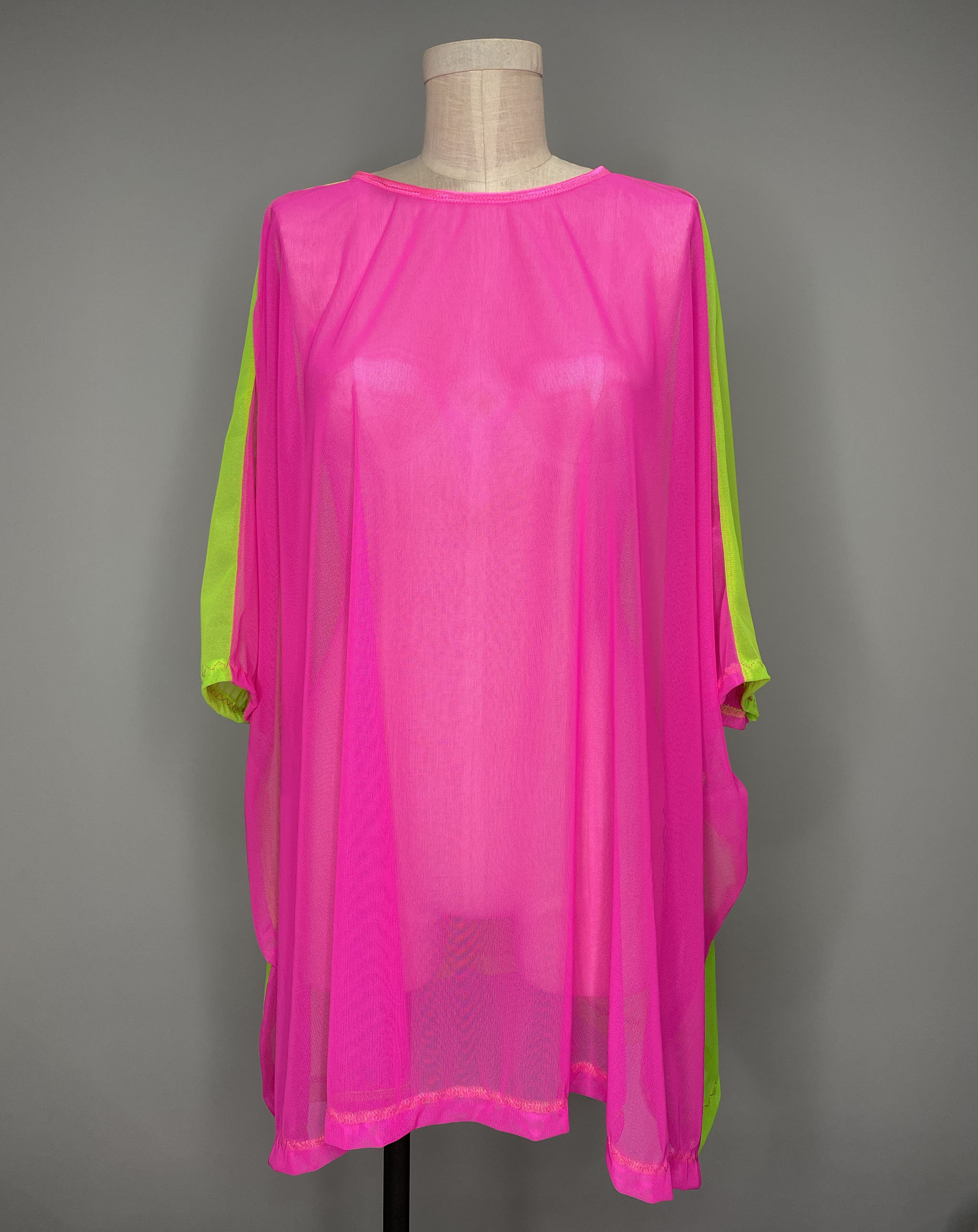 Pink Green Mesh Caftan- Color Block- One Size Fits All- y2k Tops- Swimsuit Coverup- Beach Coverup- Oversized Top- Plus Size- Sheer Coverup