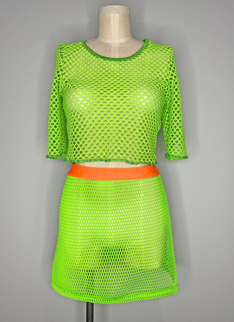 Neon Green Mesh Mini Skirt, Fishnet Swimsuit Coverup, Y2K, Unisex Skirt, Mens Skirt, Cosplay, Rave, Burning Man Clothing, Fishnet Mesh Skirt 