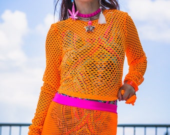 Neon Orange Fishnet Unisex Crop Top- Sheer Swimsuit Coverup- Rave Top- Dance Costume- Festival Burning Man top- Cosplay- Unisex Fishnet Top