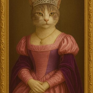 Puede incluir: Un retrato de un gato con una corona y un vestido rosa y morado. El gato está sentado con las patas cruzadas y mirando directamente al espectador.