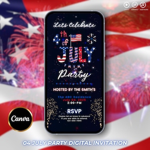 Könnte beinhalten: Eine digitale Einladung für eine 4. Juli-Party, die auf einem Smartphone angezeigt wird. Das Design zeigt patriotische Farben in Rot, Weiß und Blau mit Feuerwerk und dem Text "Lets Celebrate 4th of July Party". Die Einladung enthält Veranstaltungsdetails und RSVP-Informationen.