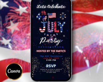 Invitación del 4 de julio con fuegos artificiales, invitación digital para fiesta del Día de la Independencia, invitación animada para celebración de barbacoa o fogata, invitación animada para fiesta