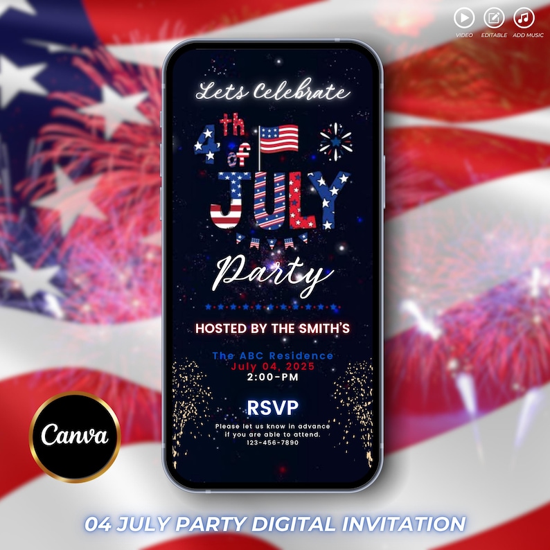 July 4th Invitation With Fireworks,Digital Independence Day Party Invite,Animated BBQ or Bonfire Celebration evite,Animated Party Invitation