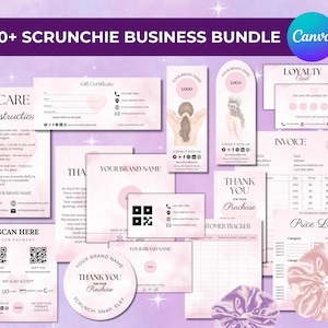 Könnte beinhalten: Eine Sammlung von pink- und lilafarbenen Scrunchie-Business-Vorlagen, darunter Pflegehinweise, Geschenkgutscheine, Kundenkarten, Rechnungen und Preislisten. Das Canva-Bundle enthält verschiedene Designs mit dem Text "Your Brand Name" und "Thank You for your Purchase."