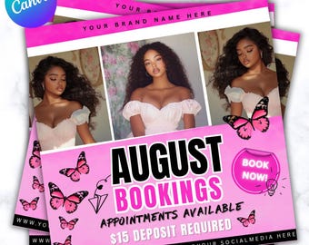 August Booking Flyer, Back to School Flyer, Editable August Flyer, Back to School Nail Hair Braids Lash Wig Mua, Booking Flyer Template