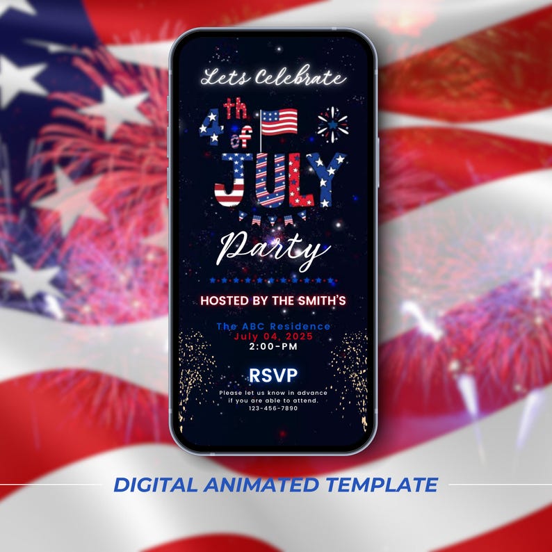 July 4th Invitation With Fireworks,Digital Independence Day Party Invite,Animated BBQ or Bonfire Celebration evite,Animated Party Invitation
