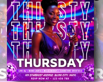 Thirsty Thursday Party Flyer: Neon Nightclub Event, Canva Template (Digital Download)