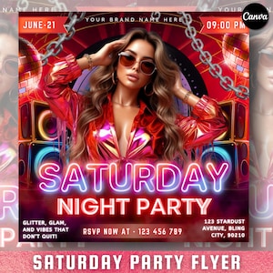 May include: A vibrant party flyer with a woman wearing sunglasses, a red jacket, and long wavy hair. The flyer has the text "Saturday Night Party" in neon colors, with event details and a phone number.