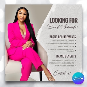 Può includere: Annuncio per ambasciatori del marchio. Una donna in un completo rosa acceso è seduta. Il testo elenca i requisiti e i vantaggi, con le parole "Looking for Brand Ambassadors" e "Contact us!"