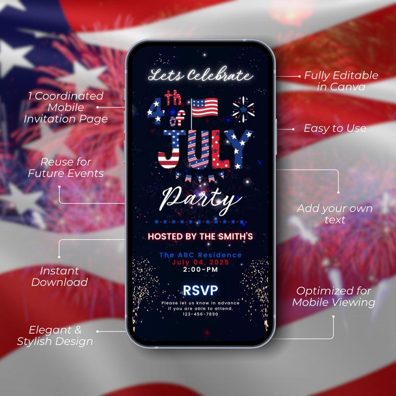 July 4th Invitation With Fireworks,Digital Independence Day Party Invite,Animated BBQ or Bonfire Celebration evite,Animated Party Invitation