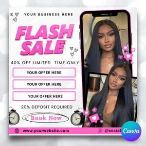 May include: A promotional graphic with a pink and white design. The text "FLASH SALE" is prominently displayed, along with "40% OFF LIMITED TIME ONLY." The image includes a phone displaying a woman with long black hair. Additional text includes "YOUR OFFER HERE" and "Book Now."
