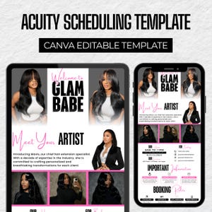 May include: Acuity scheduling template with the text "Canva Editable Template." The template features images of a woman with long black hair. The words "Glam Babe" and "Meet Your Artist" are also visible.