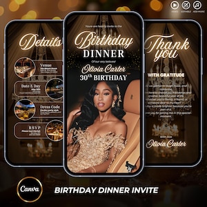 Birthday Dinner Digital Invitation, Birthday Evite, Canva Editable Template , Birthday Girl, Luxury Gold Invite, Elegant Evite for Women