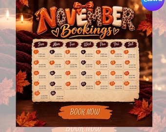 November Booking Calendar Flyer, Editable Canva Availability Calendar, Monthly Appointment Schedule, Fall Salon Flyer, Instant Download
