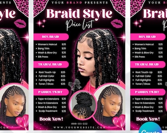 Braids Price List Flyer: Salon Services Template (Canva Editable)