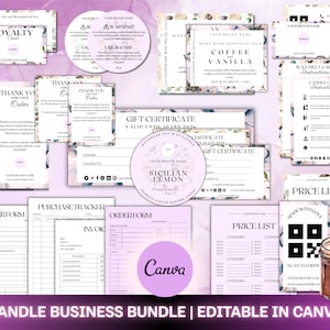 May include: A candle business bundle with editable templates, including loyalty cards, care instructions, gift certificates, order forms, and price lists. The design features floral accents and a soft color palette. A lit candle in a glass jar is also visible.