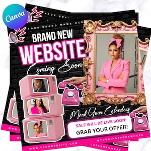 May include: A promotional flyer with a black brick background, featuring the text "BRAND NEW WEBSITE Coming Soon" in white and pink. The flyer includes images of a woman in a pink suit, pink retro TVs, and a pink telephone. The Canva logo is in the upper left corner.