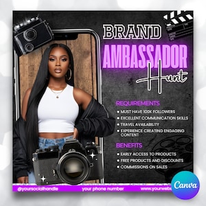 May include: A promotional graphic with the text "BRAND AMBASSADOR Hunt" in purple. The image features a woman in a white top and black jacket, with a vintage camera and a smartphone graphic. Requirements and benefits are listed.