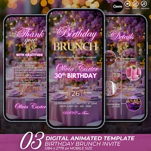 Faire-part d'anniversaire numérique pour le brunch, message téléphonique floral violet pour elle, invitation animée pour tout âge, auto-carte postale électronique, toile modifiable