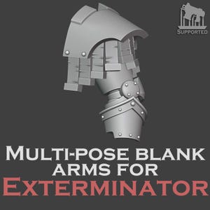 May include: A grey, 3D-rendered arm and shoulder armour piece. The armour is segmented with riveted plates and a curved shoulder guard. Text at the bottom reads "MULTI-POSE BLANK ARMS FOR EXTERMINATOR."