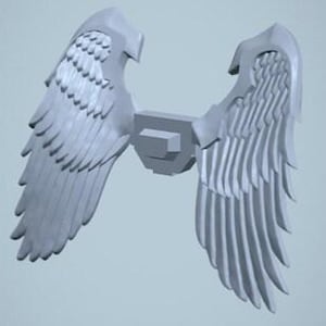 Könnte beinhalten: Ein hellgraues, 3D-gerendertes Paar Engelsflügel. Die Flügel sind mit geschichteten Federn detailliert und an einer zentralen, rechteckigen Struktur befestigt. Die Flügel sind symmetrisch und scheinen aus einem festen Material zu bestehen.