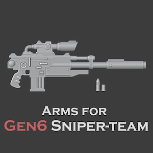 May include: A grey miniature sci-fi sniper rifle with a scope, a long barrel, and a box magazine, accompanied by a single bullet and a casing. The text below reads ARMS FOR GEN6 SNIPER-TEAM, with GEN6 in red and the remaining text in white.