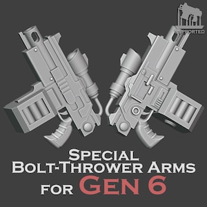May include: Two grey miniature bolt-thrower weapons with box magazines and mounted scopes, displayed symmetrically. The text reads SPECIAL BOLT-THROWER ARMS FOR GEN 6, with a small icon in the corner labelled SUPPORTED. These are scale model parts.