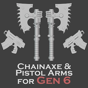 Puede incluir: Ilustración digital de dos hachas de cadena y dos pistolas en una combinación de colores gris. Las hachas de cadena tienen un diseño de hoja dentada. La imagen también incluye el texto "CHAINAXE & PISTOL ARMS FOR GEN 6" en blanco y rojo.