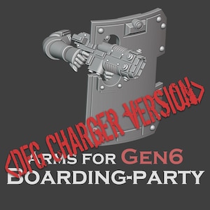 May include: A grey 3D-rendered weapon and shield, with a futuristic design. The weapon is mounted on a shield with rivets. Red text reads "DFC CHARGER VERSION" and "ARMS FOR GEN6 BOARDING-PARTY".
