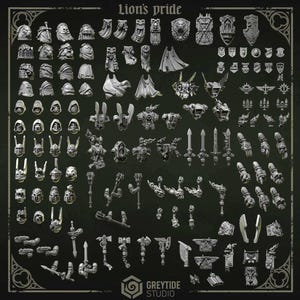 May include: A collection of grey miniature resin components labelled Lion's pride and Greytide Studio. The set includes various sculpted heads, shoulder pads, capes, shields, swords, maces, axes, and mechanical armour parts for tabletop gaming figures.