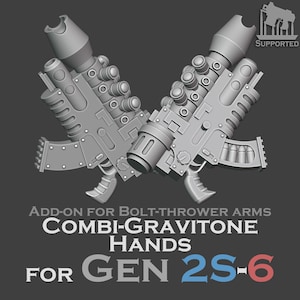 May include: Two gray, detailed, futuristic gun models, add-ons for bolt-thrower arms, are displayed against a dark gray background. The text reads "COMBI-GRAVITONE HANDS FOR GEN 2S-6" and "SUPPORTED".
